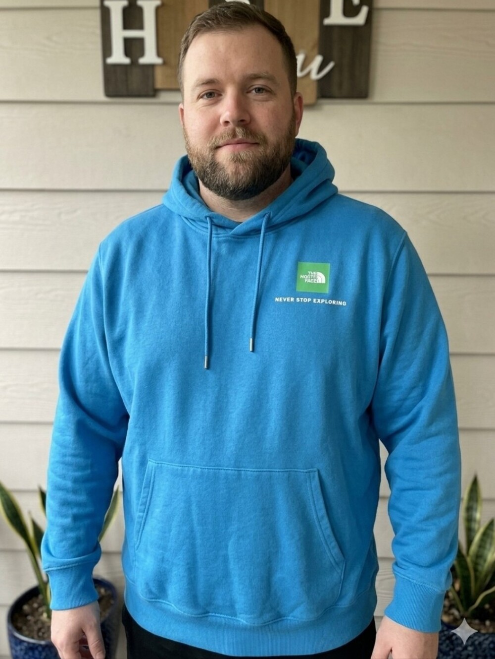 The North Face Men's Blue Turtleneck Pullover Hoodie with Green Logo